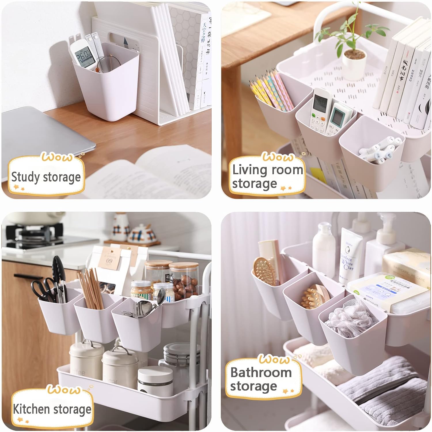 6 Pack Hanging Cup Holder for Rolling cart Accessories Hooks Little Hanging Buckets Hanging Storage Bins Craft Supplies for Rolling Utility Cart Slim Storage Cart (Black) - Image 7