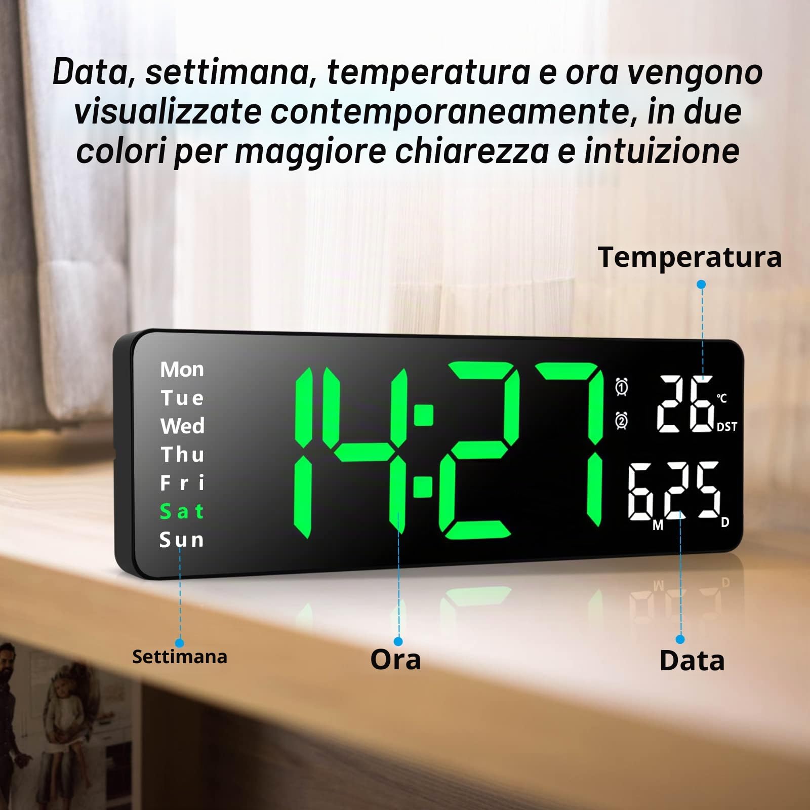 Fuloon Orologio da Parete Digitale, 13'' LED Orologio da Parete Digitale Luminosità Regolabile con Timer,Temperatura,Data,Settimana, LED Sveglia da Tavolo con Telecomando per Soggiorno Cucina Ufficio
