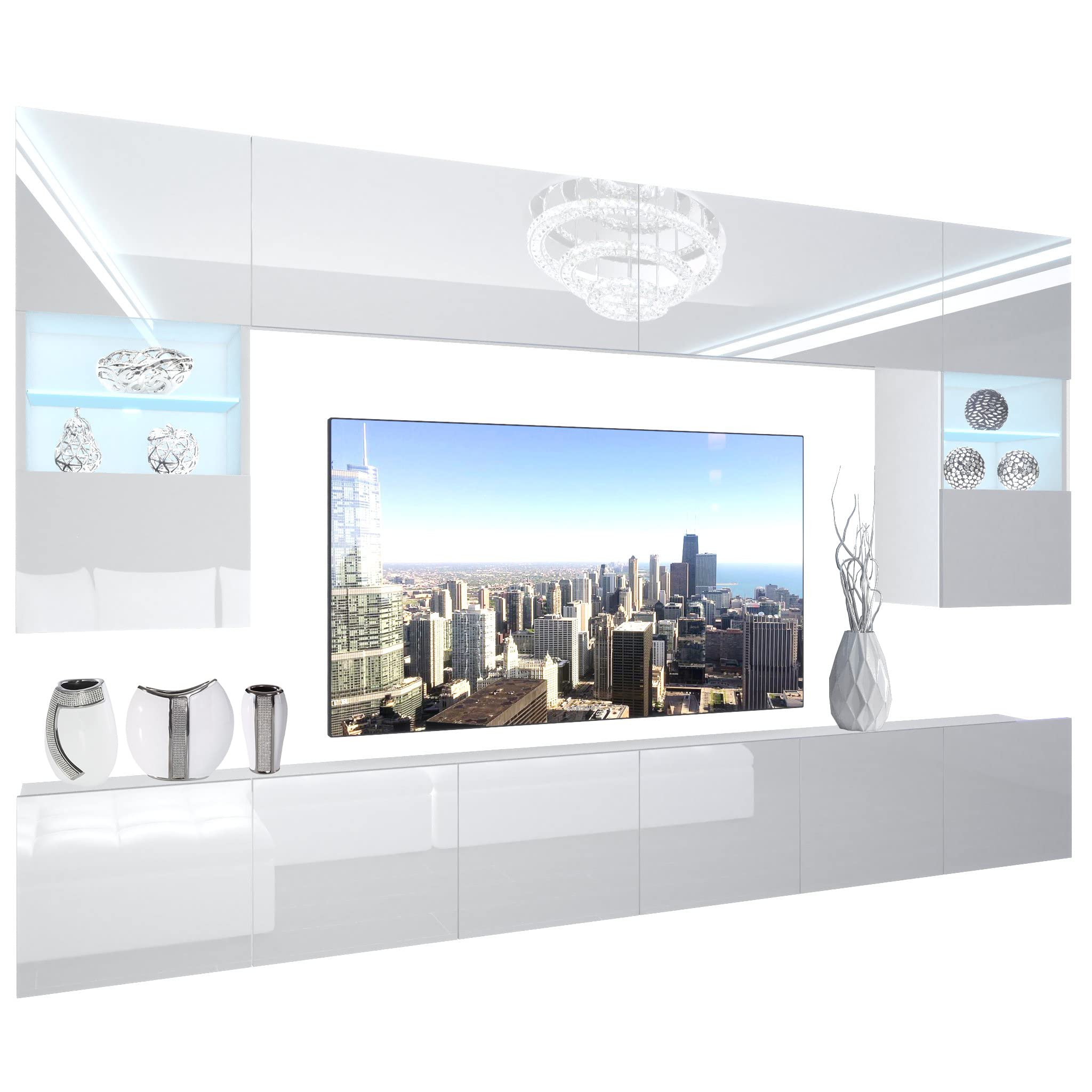 BELINI - Unité Murale TV NEX I Ensemble Muebles de Salon Complet I Ensemble Meuble TV avec Illumination LED I Dimensions: 300 x 180 x 36 cm I Coleur: Blanc très Brillant