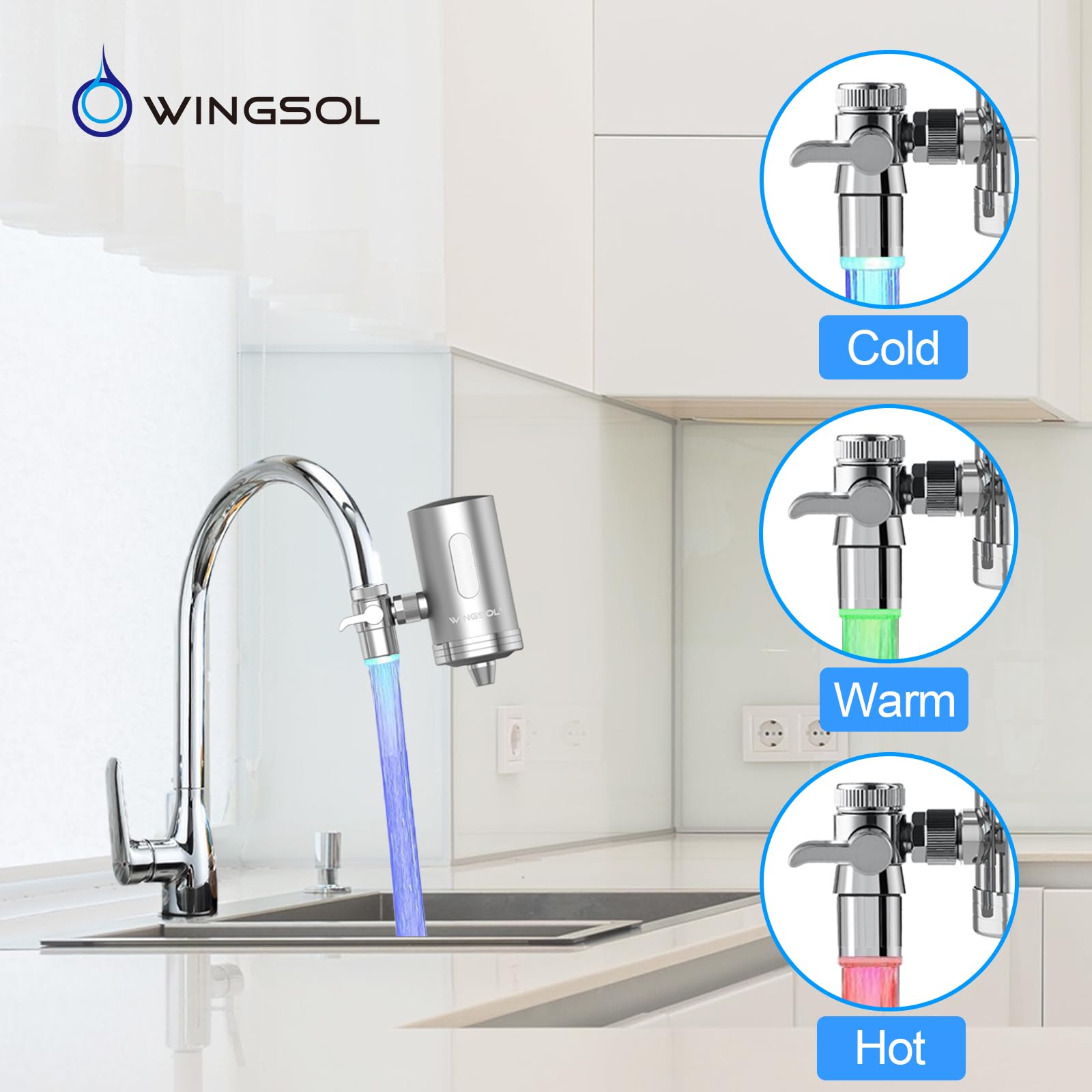 WINGSOL Filtro de agua para grifo de fregadero, sensor de temperatura, luz LED, NSF/ANSI 42 y 53, purificador de grifo giratorio de 360°, transparente, reduce los metales pesados 99.6 % de plomo