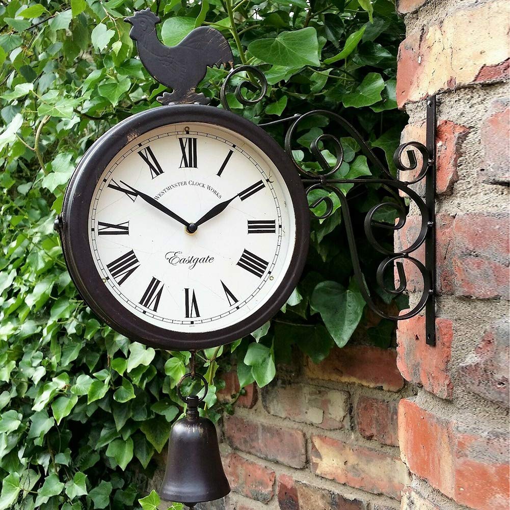Horloge murale double face - Horloge de gare - Étanche - 30 x 37 x 9 cm - Avec design en fer forgé - Style rétro - Pour gare, couloir ou jardin - Noir