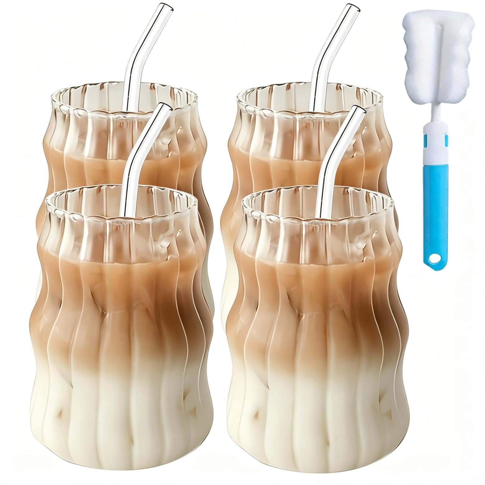4Pcs 530ML Glass Mugs with Straws - Clear Iced Coffee Cup Matcha Ribbed Wavy Glass Cups Matcha Glasses with Straws Brush & Cup Brush for Ice Coffee Juice Drink Milk Tea Cocktail Wedding Birthday Gift