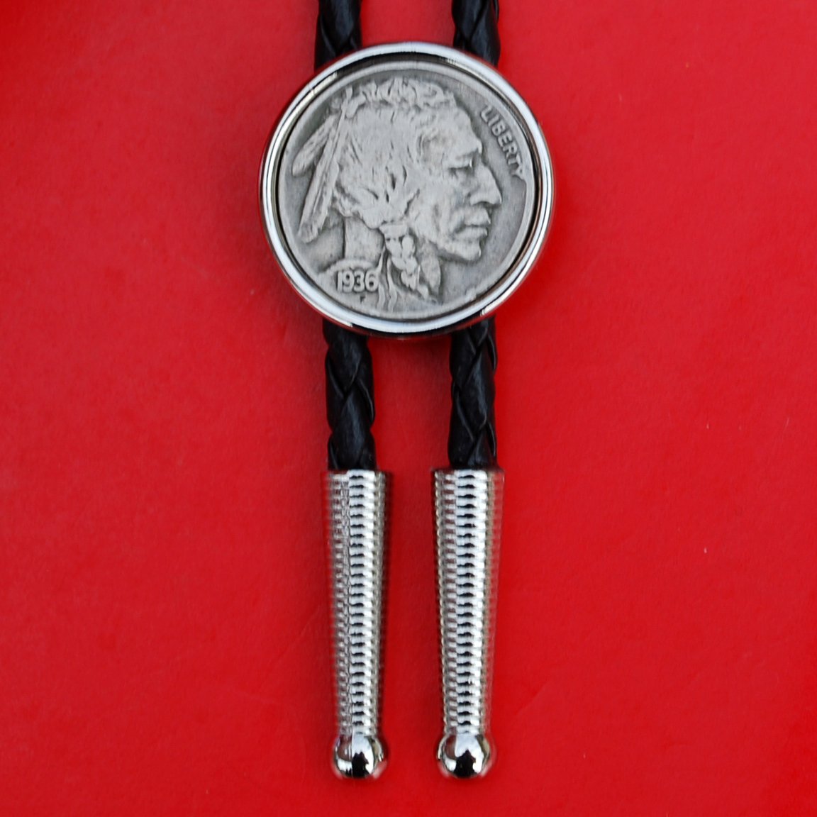 HandmadeUS 1936 Indian Head Buffalo Nickel 5 Cent Coin Silver Plated Slide 36" Leatherette Cord Bolo Tie NEW