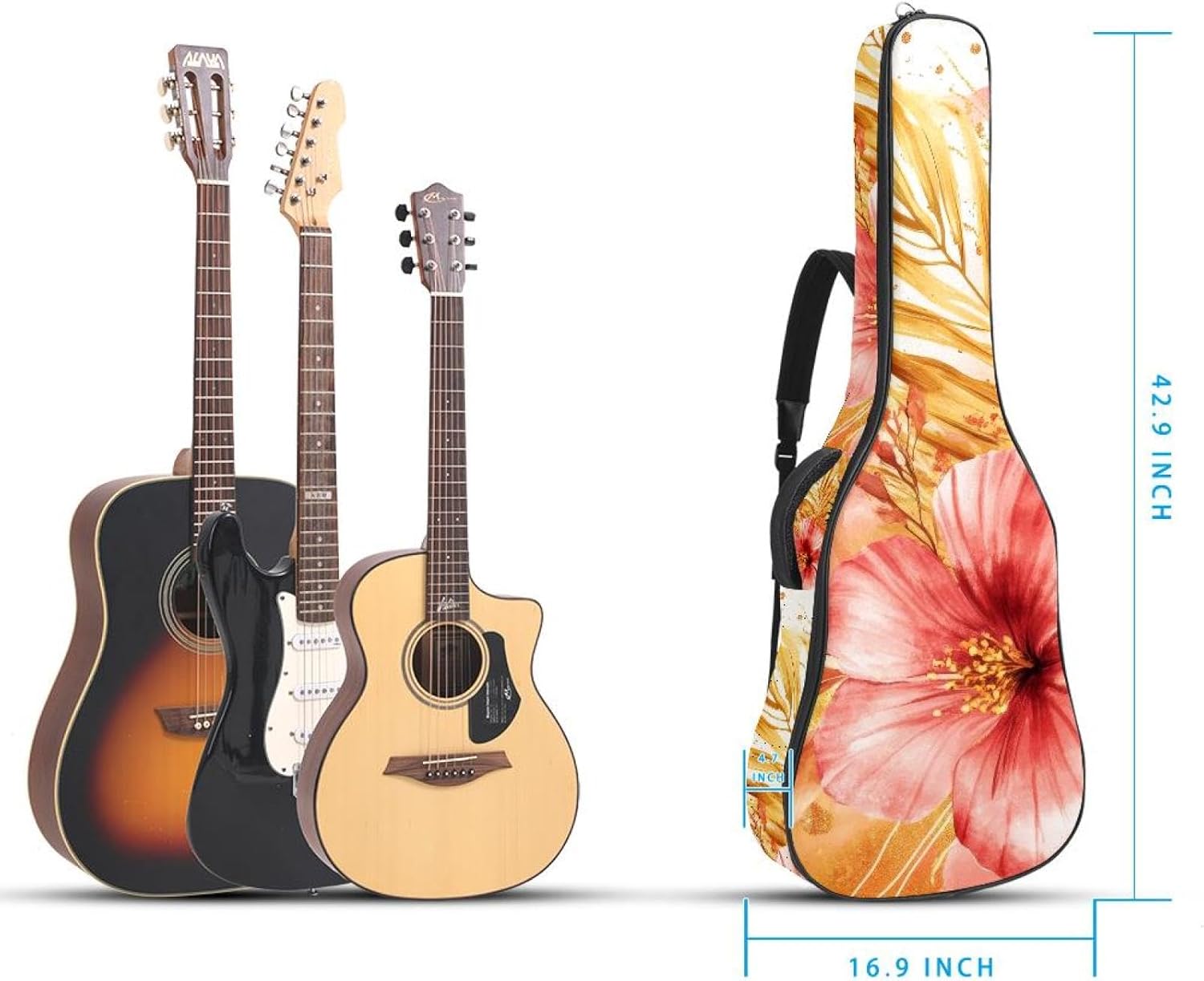 Acoustic Guitar Gig Bag 10mm Thick Padding, Soft Waterproof Guitar Case with Adjustable Backpack Straps for 40-42 Inch Guitar, Watercolor Modern Art Flowers Tropical Leaves