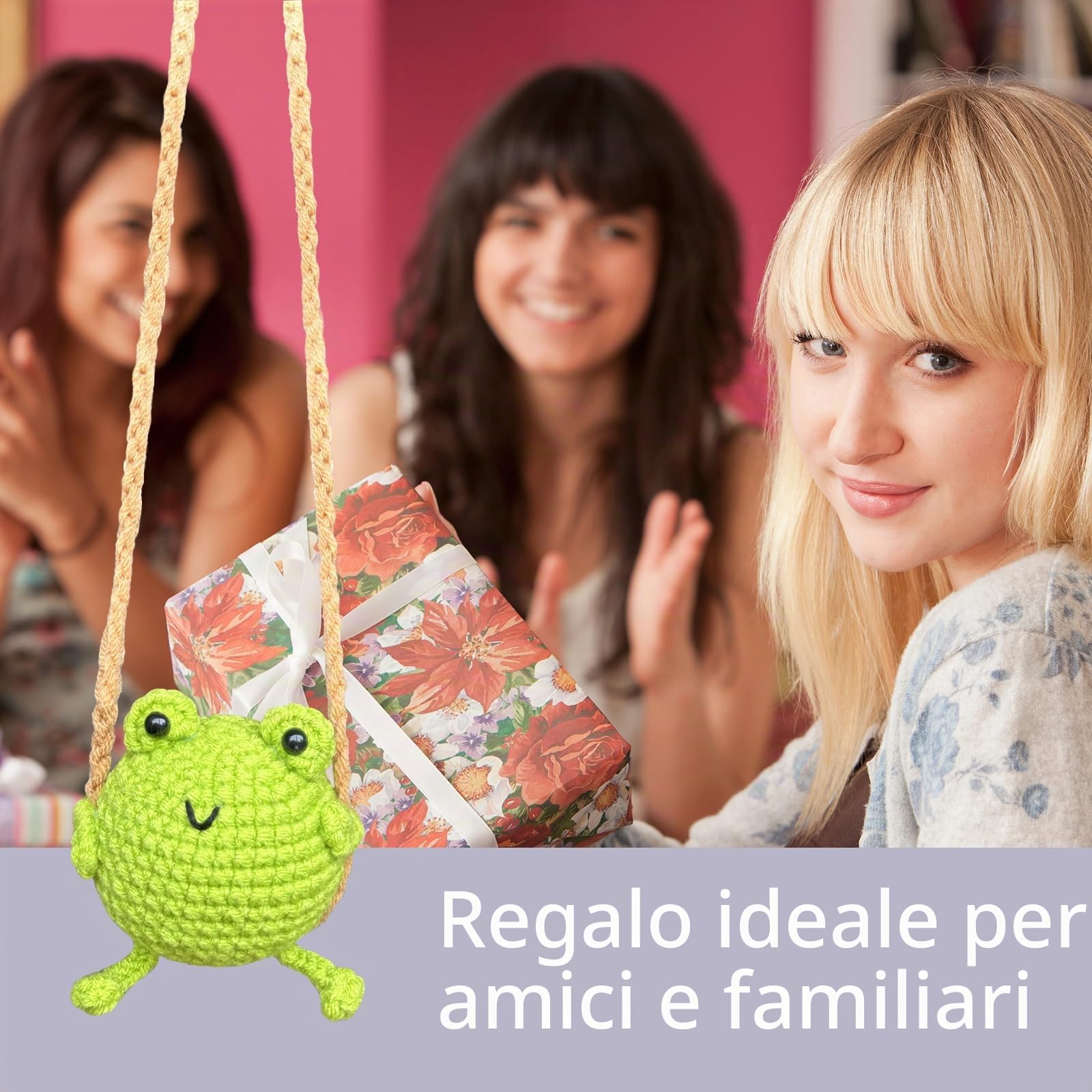 Ciondolo per Specchietto Retrovisore Auto Rana Lavorato a Maglia, Decorazione Auto Carina, Accessorio Interno Regalo di Compleanno Natale Capodanno per Ragazze Donne Amiche