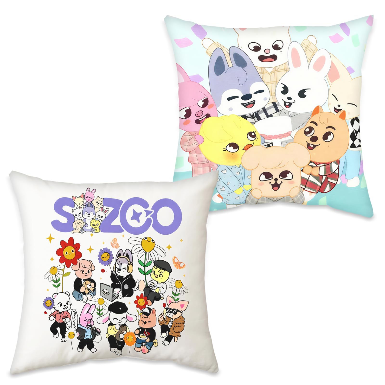 2 PCS Stray Merch Cushion Covers 45 x 45 cm, SKZ Cushion Cover with Printed Stray K Animal Pattern, Skzoo Gifts Pillow Case for Bedroom, Livingroom, Couch Sofa
