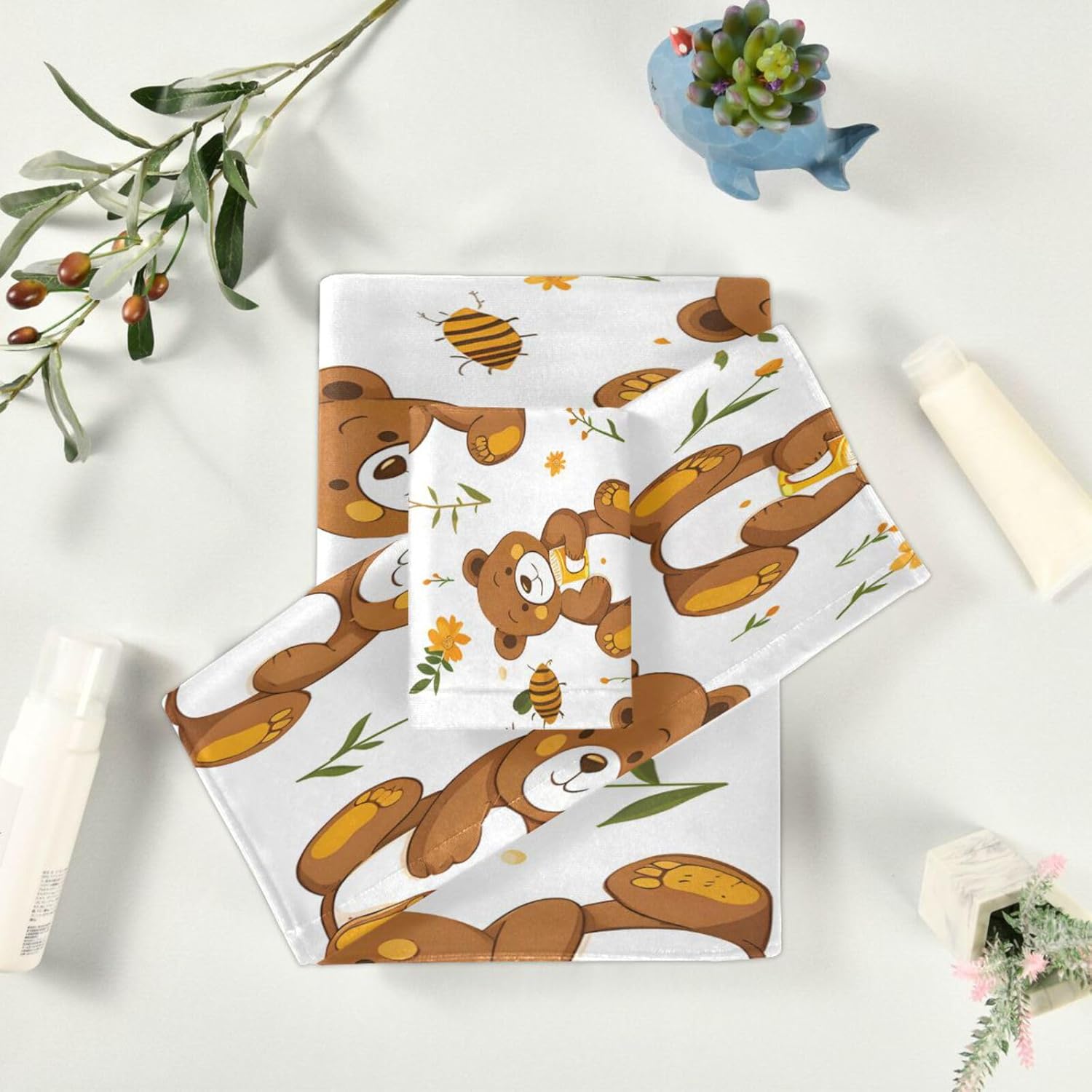 ALAZA Cute Teddy Bear Bath Towel Set Luxury Decorative Set of 3, 1 Bath Towel 1 Hand Towel 1 Washcloth Soft Multipurpose for for Bathroom Hotel Gym Yoga Spa