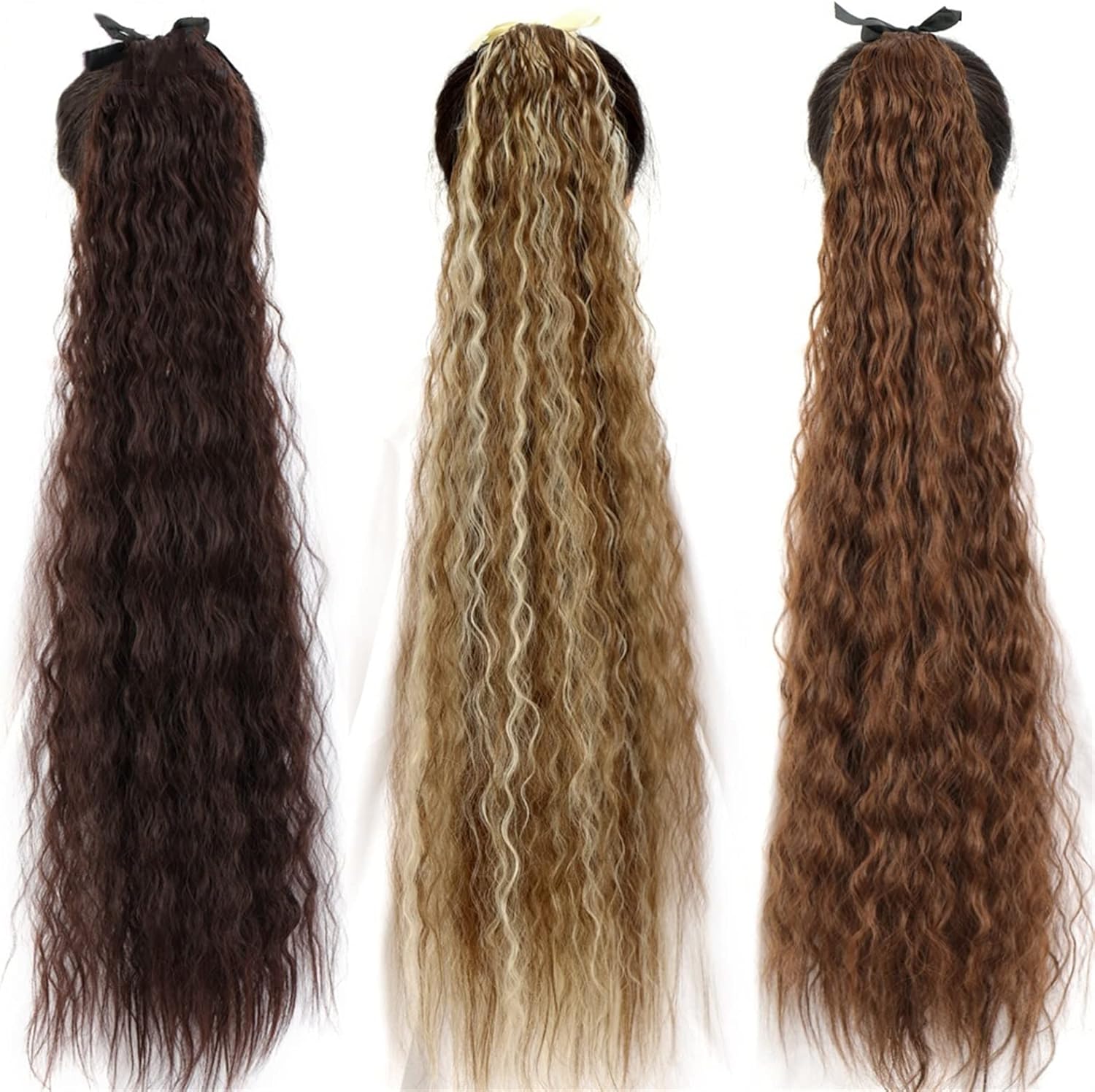 ポニーテールエクステ 22/32 インチロングコーン波状ポニーテールエクステンション合成天然巾着リボン偽の髪ポニーテールクリップエク