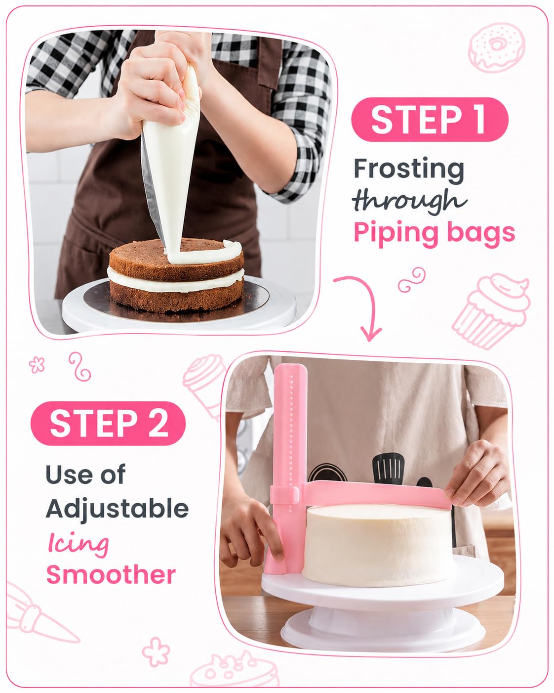 RFAQK Kit de décoration de gâteaux – 200 pièces avec plateau tournant – niveleur à gâteau – 55 douilles numérotées et douilles avec tableau de motifs et e-book – 110 poches à glaçage – Spatule droite
