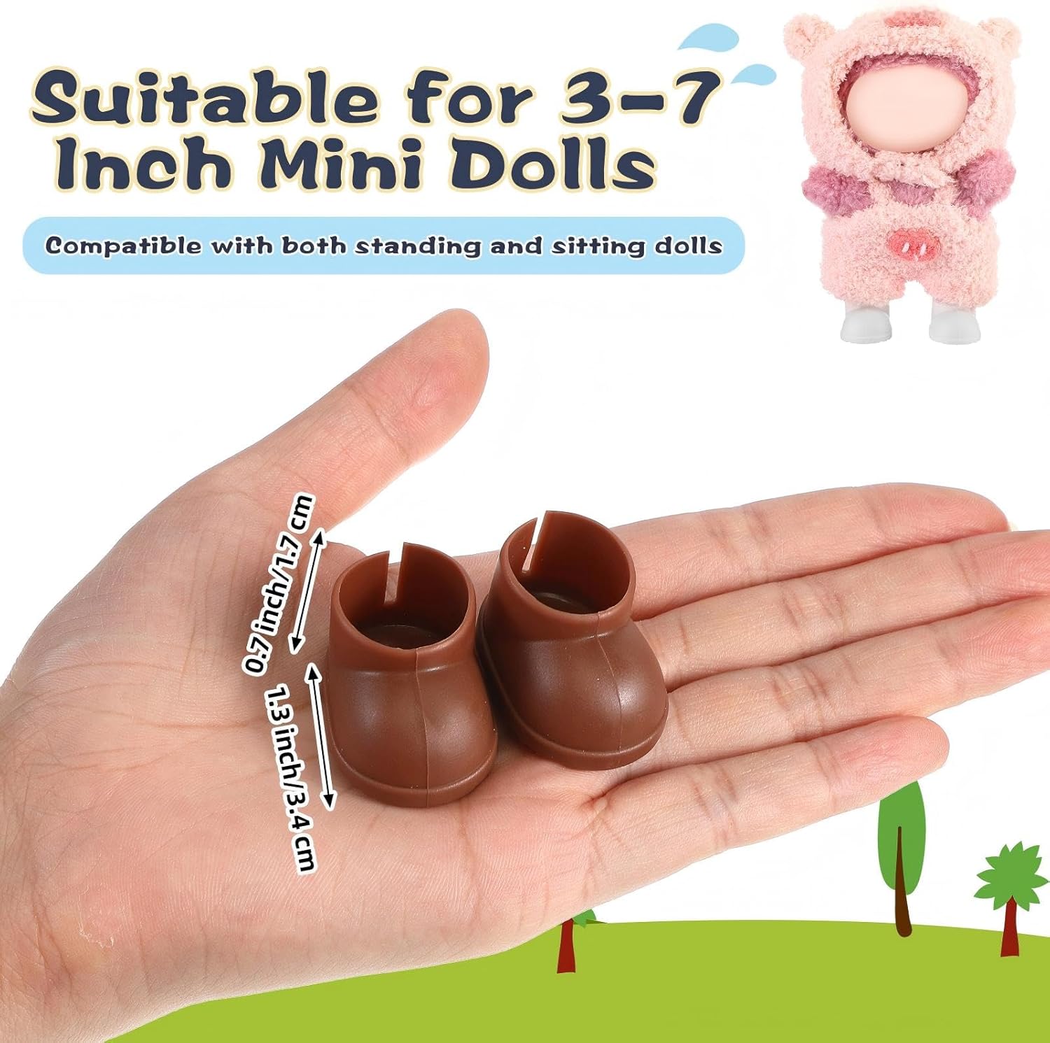 3 Pairs Cute Doll Shoes for 17cm Dolls Mini Rain Boots Fit Perfectly on 15cm/17cm Standing Sitting Series Multi Color Plastic Boots Cute Clothes Accessories (White Black Brown)