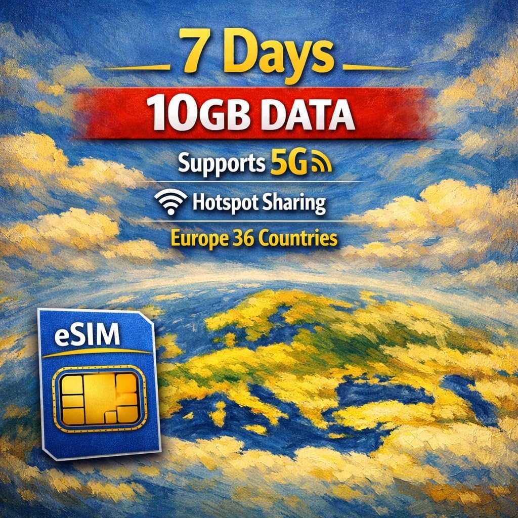 Europe eSIM Card for 36 Countries, 5G High Speed Data, Hotspot Supported, Rechargeable, No Registration Needed (10GB 20days)