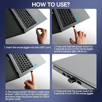 Mouse Jiggler Undetectable USB C Mouse Mover, Automatic Type C Mice Wiggler with 3 Jiggle Modes and Switch Button, Keep Computer/Laptop/PC Awake, Plug and Play (Silver)