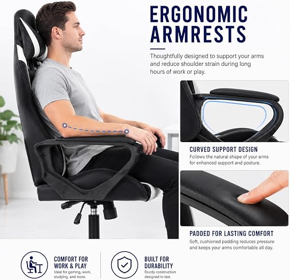 BestOffice High-Back Gaming Chair PC Office Chair Computer Racing Chair PU Desk Task Chair Ergonomic Executive Swivel Rolling Chair with Lumbar Support for Back Pain Women, Men,White