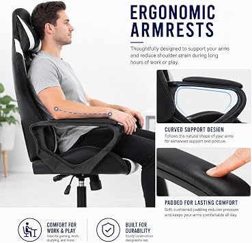 BestOffice High-Back Gaming Chair PC Office Chair Computer Racing Chair PU Desk Task Chair Ergonomic Executive Swivel Rolling Chair with Lumbar Support for Back Pain Women, Men,White