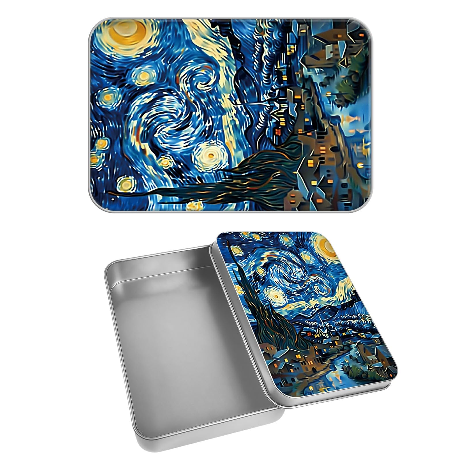 Rectangular Metal Tin Box with Removable Lid, Starry Sky Decorative Printed Metal Storage Container for Cash Ticket Credit Card Check 3.46 x 2.36 x 0.7 inch– Single Pack