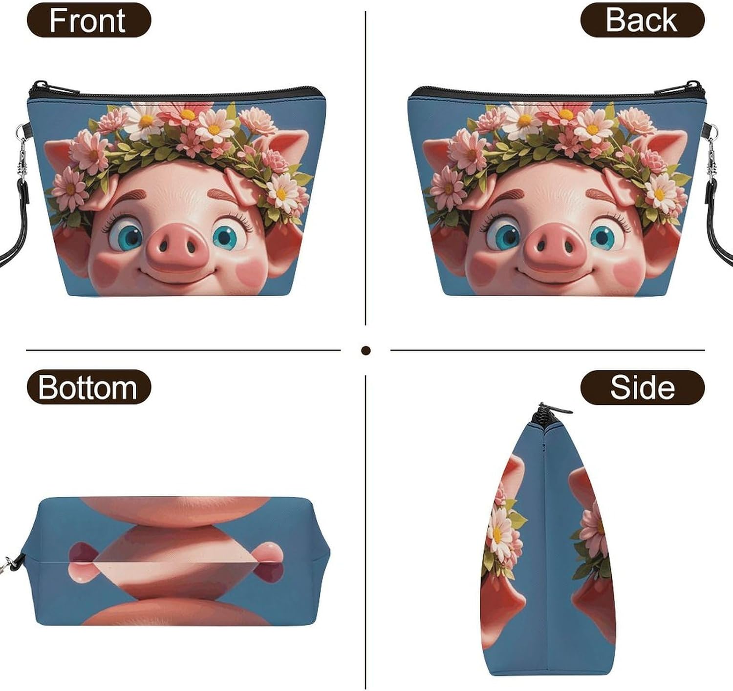 Cute Piglet with Wreath Decoration Travel Makeup Bag Large Capacity image 3