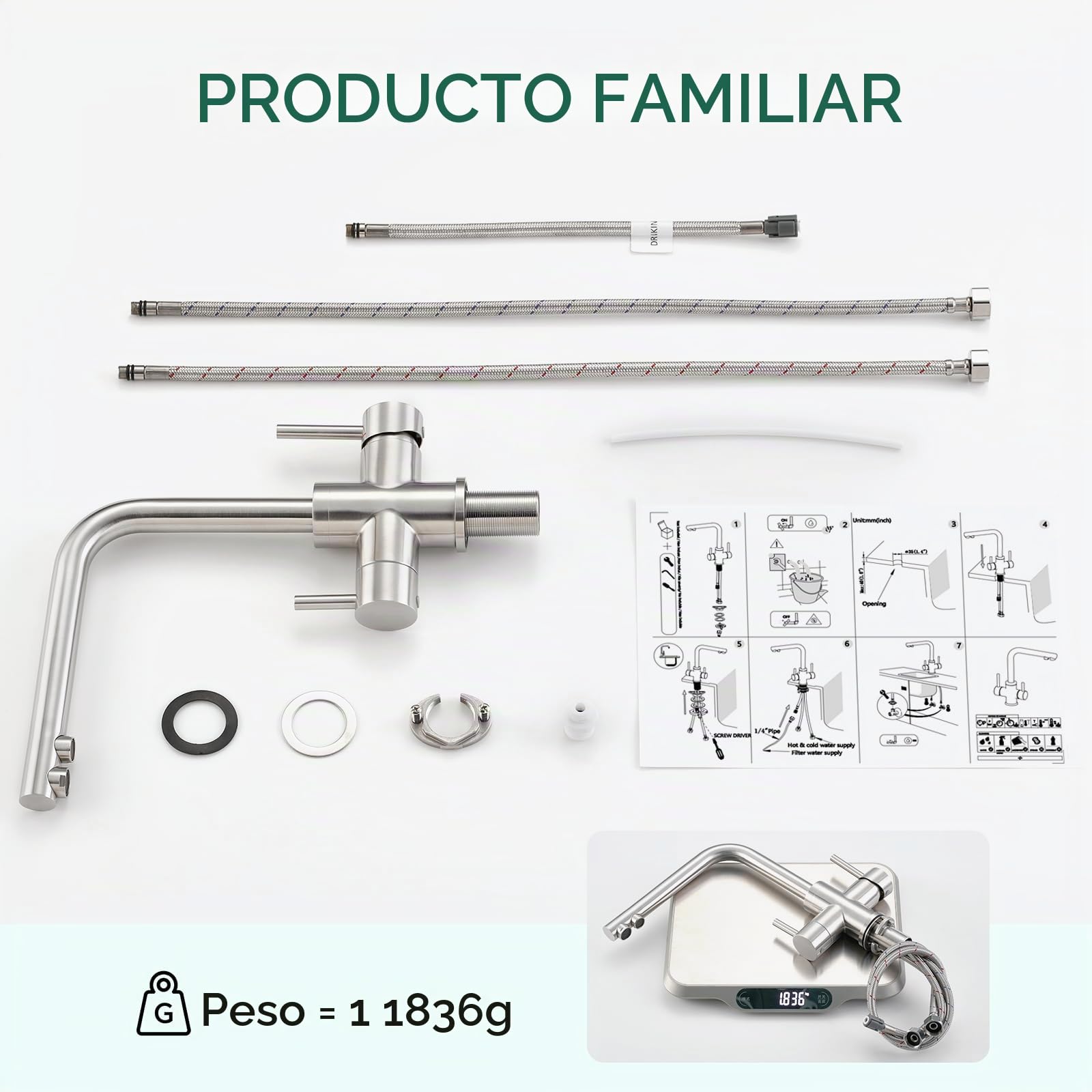 CREA Grifo de Cocina 3 Vías Osmosis, Fregadero Giratorio 360°, Acero Inoxidable Cepillado