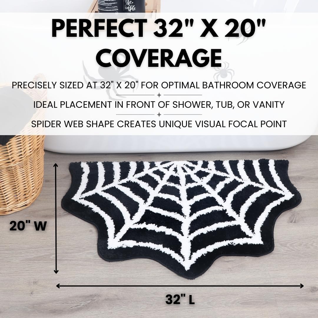 Spider Web Bath Mat - Black & White Gothic Bathroom Rug, Non-Slip Quick Dry Microfiber, Soft Plush for Halloween Decor & Goth Home, Machine Washable, 32" x 20"