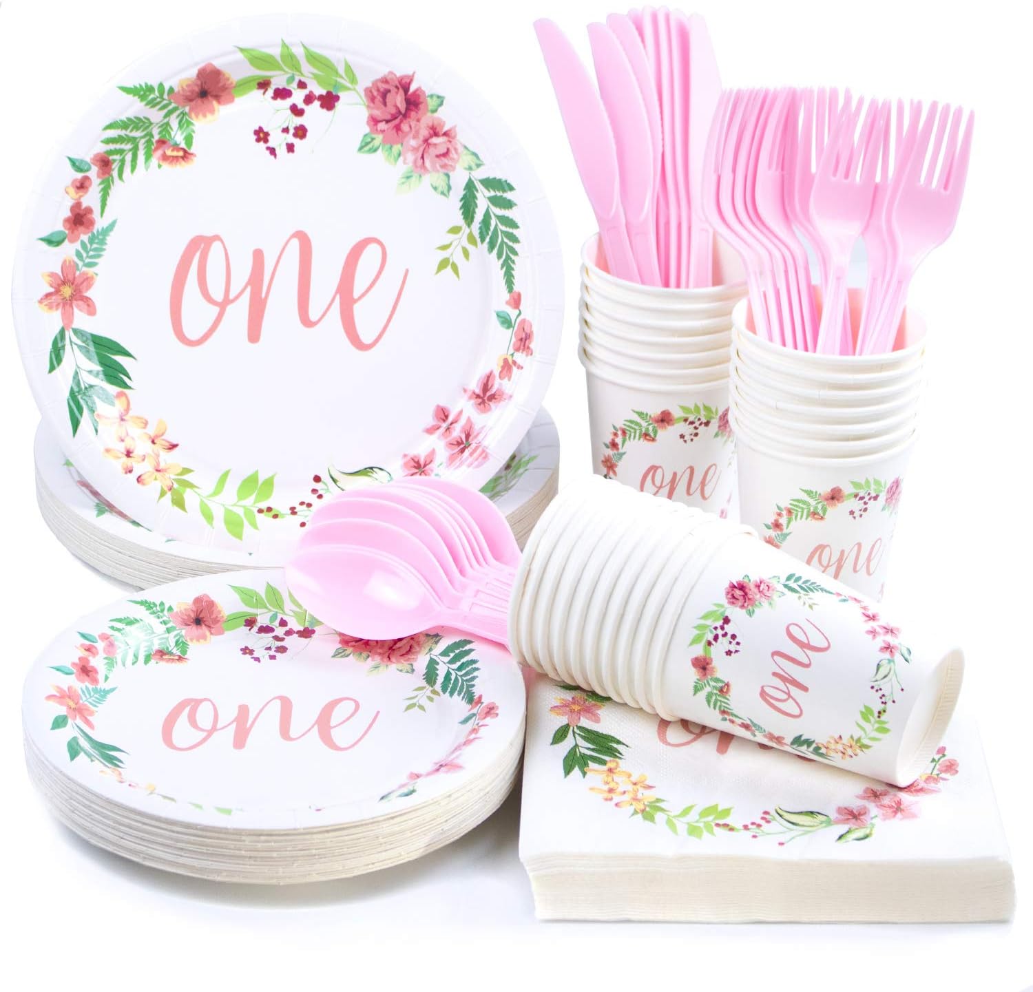 hapray1st Birthday Decorations, Baby Shower Party Supplies, Disposable Paper Plates, Napkins, Cups, Knives, Spoons, Forks, Plastic Cutlery, Tableware Sets (Serves 24, 168 Pieces)