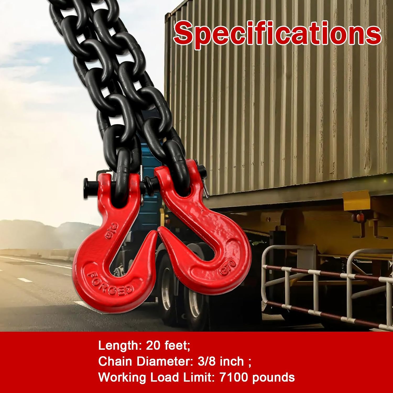 heavy duty g80 transport binder chain 3/8'' inch x 20 feet,tow chain with g70 clevis grab hooks,7100 lbs safe working load logging for transporting, towing(3/8'' x 20ft black). 3/8 inch x 20ft black