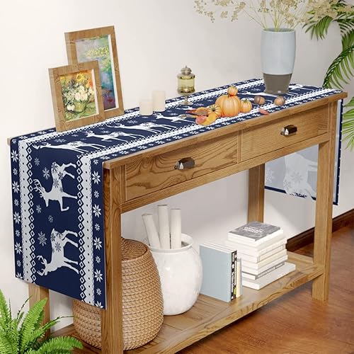 Miniatura 3 de Camino de mesa de Navidad azul con copos de nieve, diseño de copo de nieve de ciervo blanco, decoración de mesa de comedor para interiores y