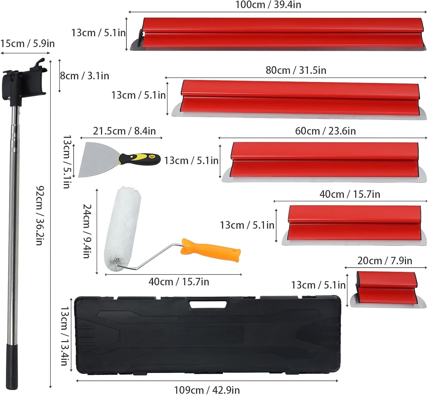 Drywall Skimming Blade Set,putty knife scraper tool paint stripper Stainless Steel Construction Knife, 5Pcs/Set Smoothing Drywall Knife, Drywall Taping Tools (20+40+60+80+100cm) Red