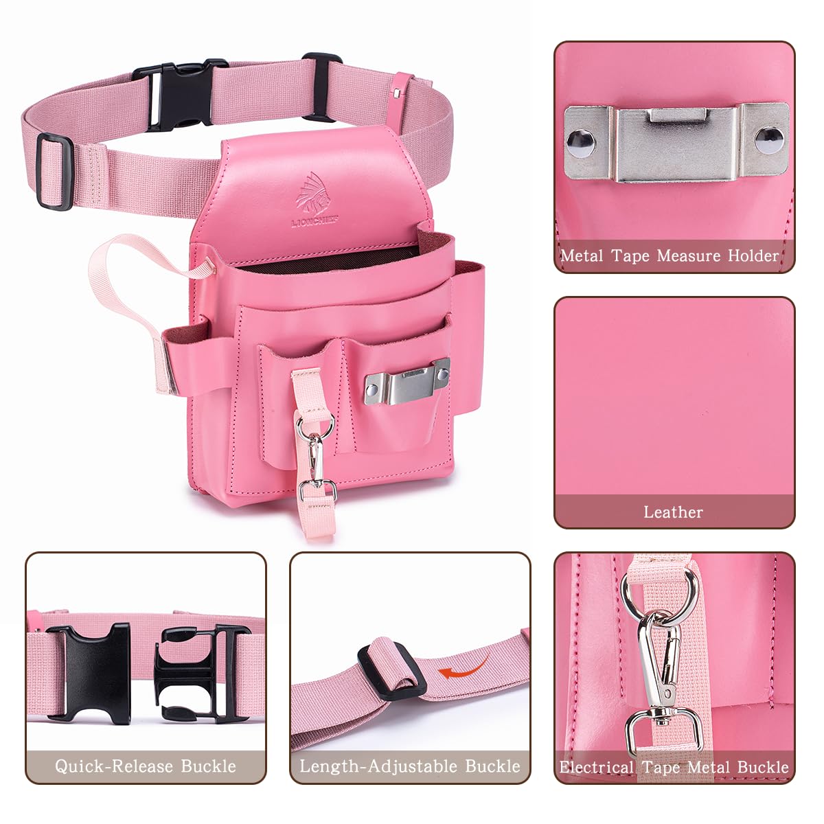 Cintura porta attrezzi da elettricista in vera pelle, grande, regolabile, con tasche multiple, per elettricisti, rosa