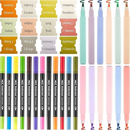 Juego de pestañas bíblicas resaltadores con 12 colores pastel surtidos, 12 bolígrafos Mildliner que no se corren, 75 pestañas de índice de capítulo