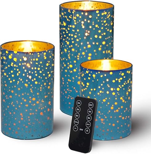 Velas sin llama de vidrio azul con control remoto y temporizador, velas sin llama LED, velas de vidrio sin llama con pilas