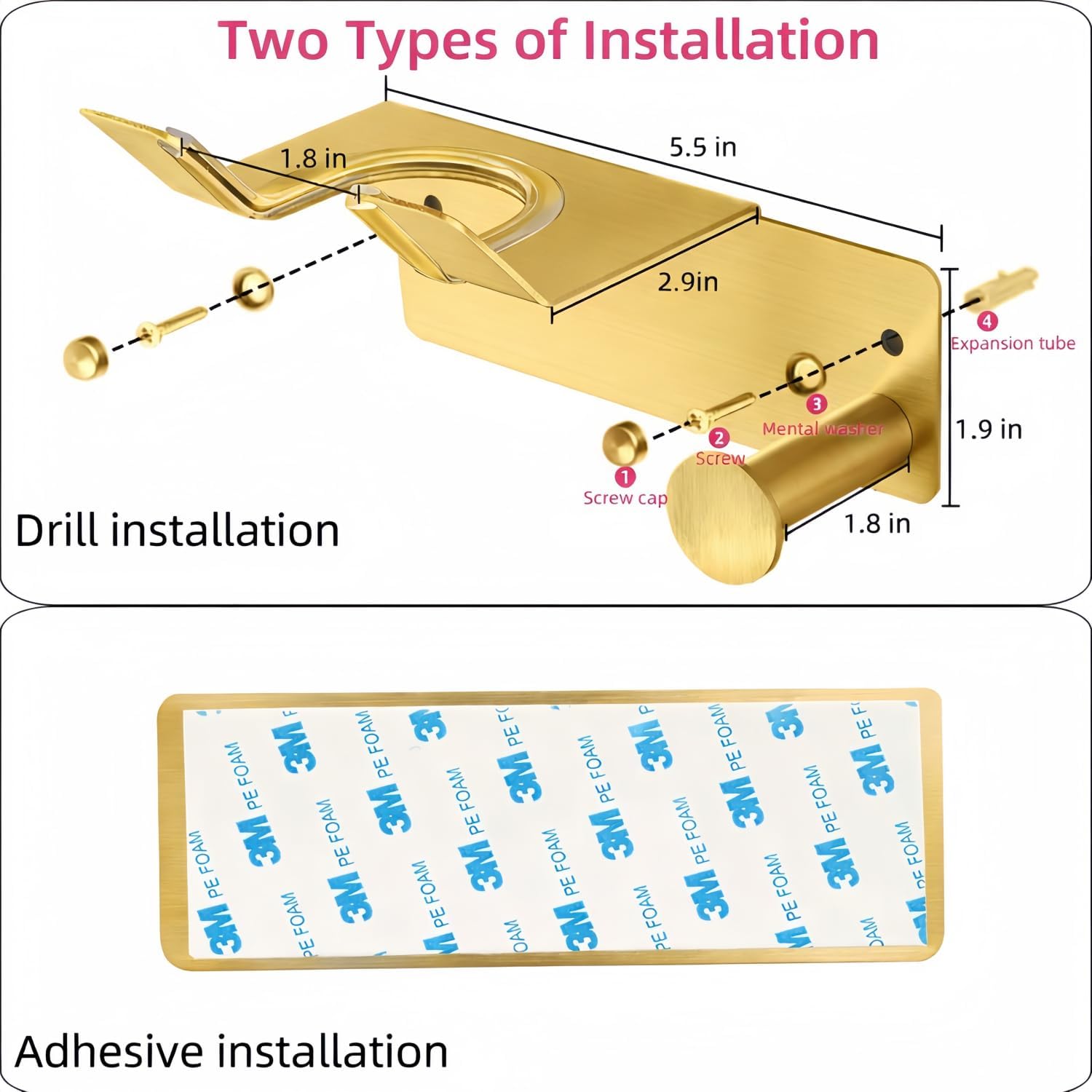 Hair Dryer Holder, HairDryer Holder Wall Mounted, Self Adhesive Blow Dryer Holder, Stainless Steel Hair Dryer Holder, Hairdryer Holder for Bathroom Gold BANJEKT