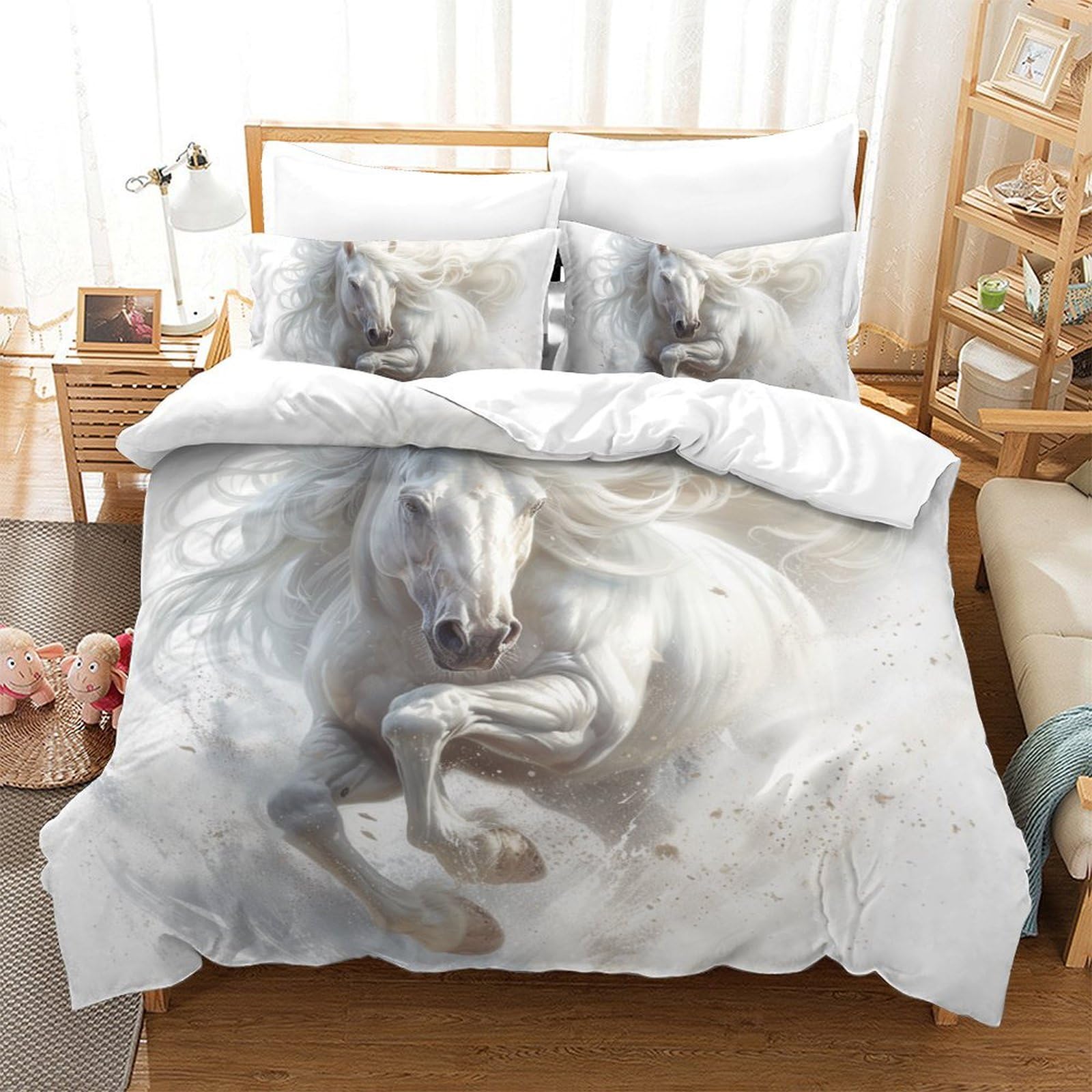 Housse de couette 3D cheval blanc 200x200 cm en microfibre avec 2 taies d'oreiller