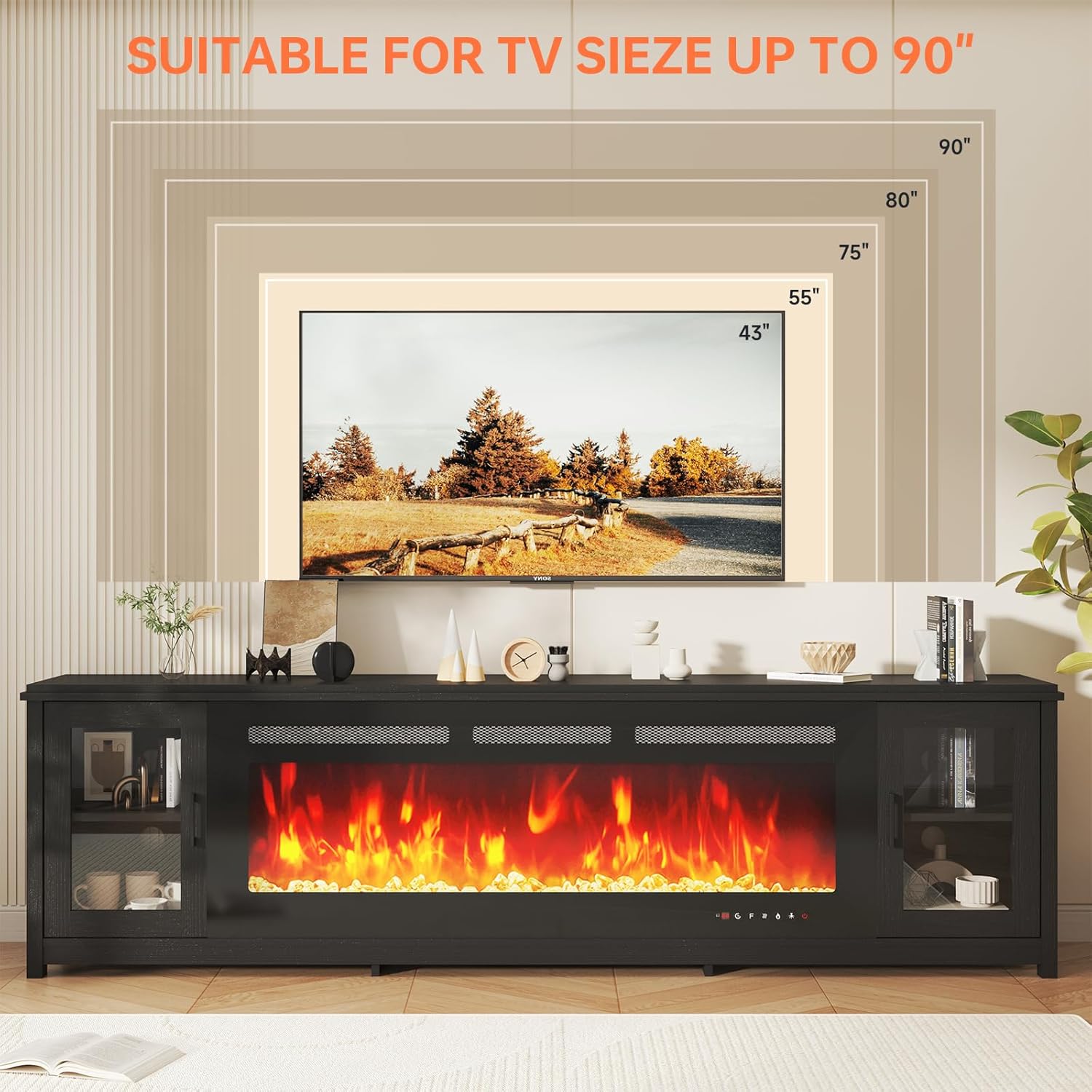 NEWTURN 78" Fireplace TV Stand with 50 Inch Electric Fireplace, TV Stand with Adjustable Shelf & Glass Door for TVs Up to 90", Modern Entertainment Center, Fireplace TV Stands for Living Room, Black