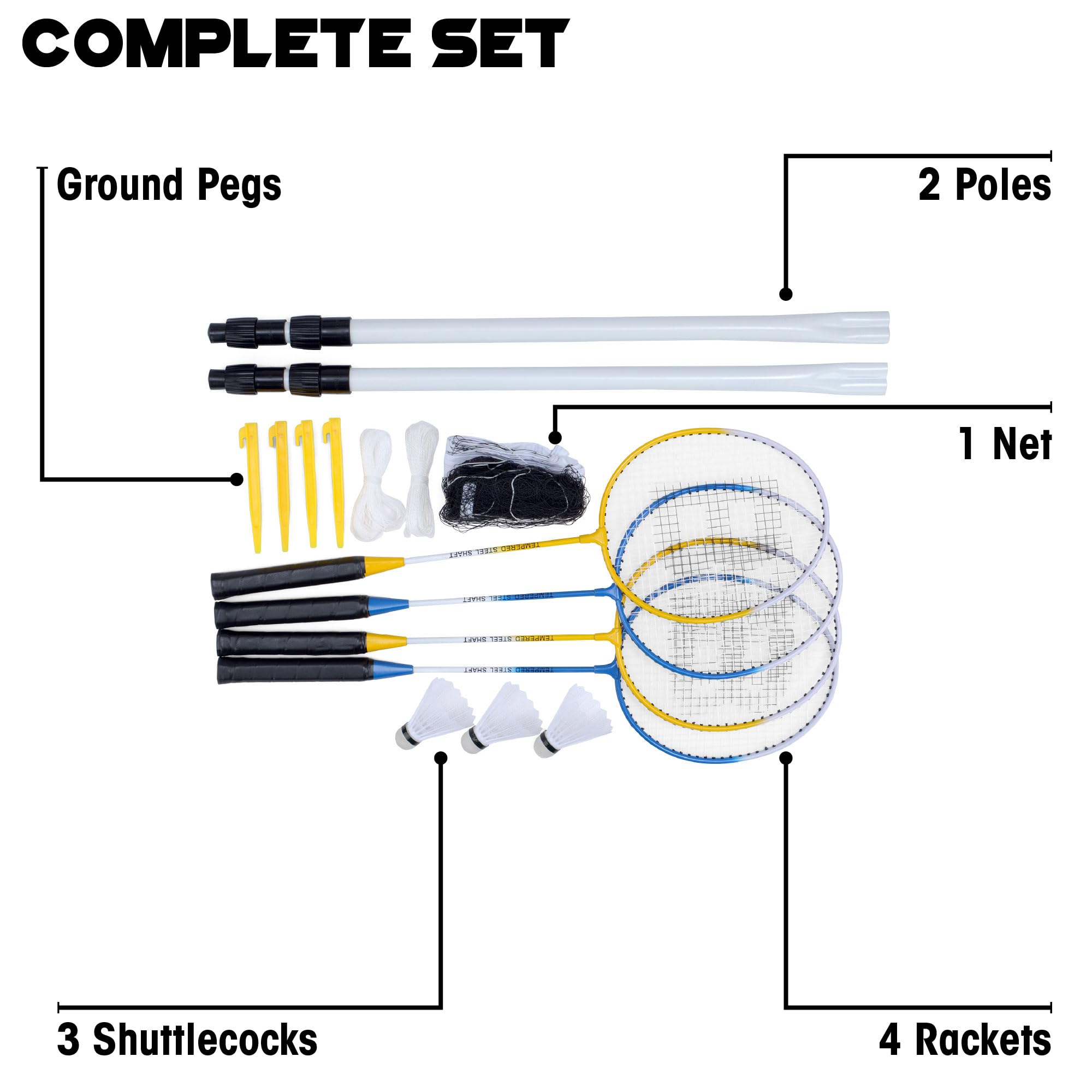 Baseline Juego de bádminton para 4 Jugadores, Incluye 4 Raquetas, 2 Volantes, Red y Postes, portátil con Bolsa de Transporte