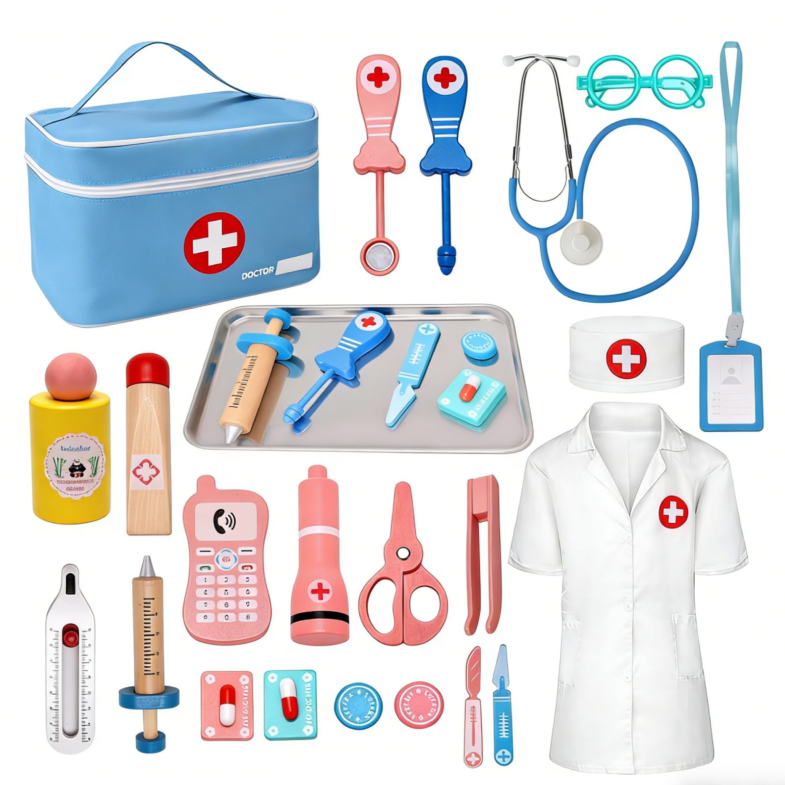 Teneytoyz Valigetta Dottore Bambini, Legno kit Dottoressa Bambina con Vero Stetoscopio, Termometro, Camice da Medico e Borsa da Medico Portatile, Giochi di Ruolo, Giochi Bambini 3, 4, 5 Anni