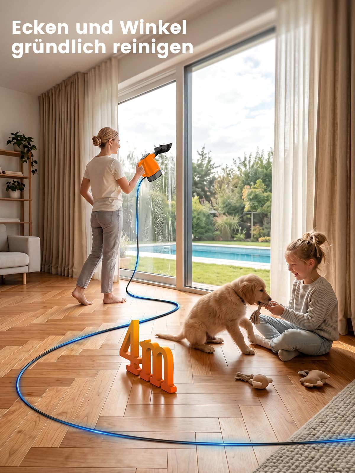Dampfreiniger mit Smart-Touchscreen, 10 Sekunden Aufheizzeit, Orange | 400-ml-Wassertank, 4-m-Netzkabel, 2 Dampfstufen und 9-teiliges Zubehör – Dampfreiniger für Küche, Bad, Fliesen und Fugen