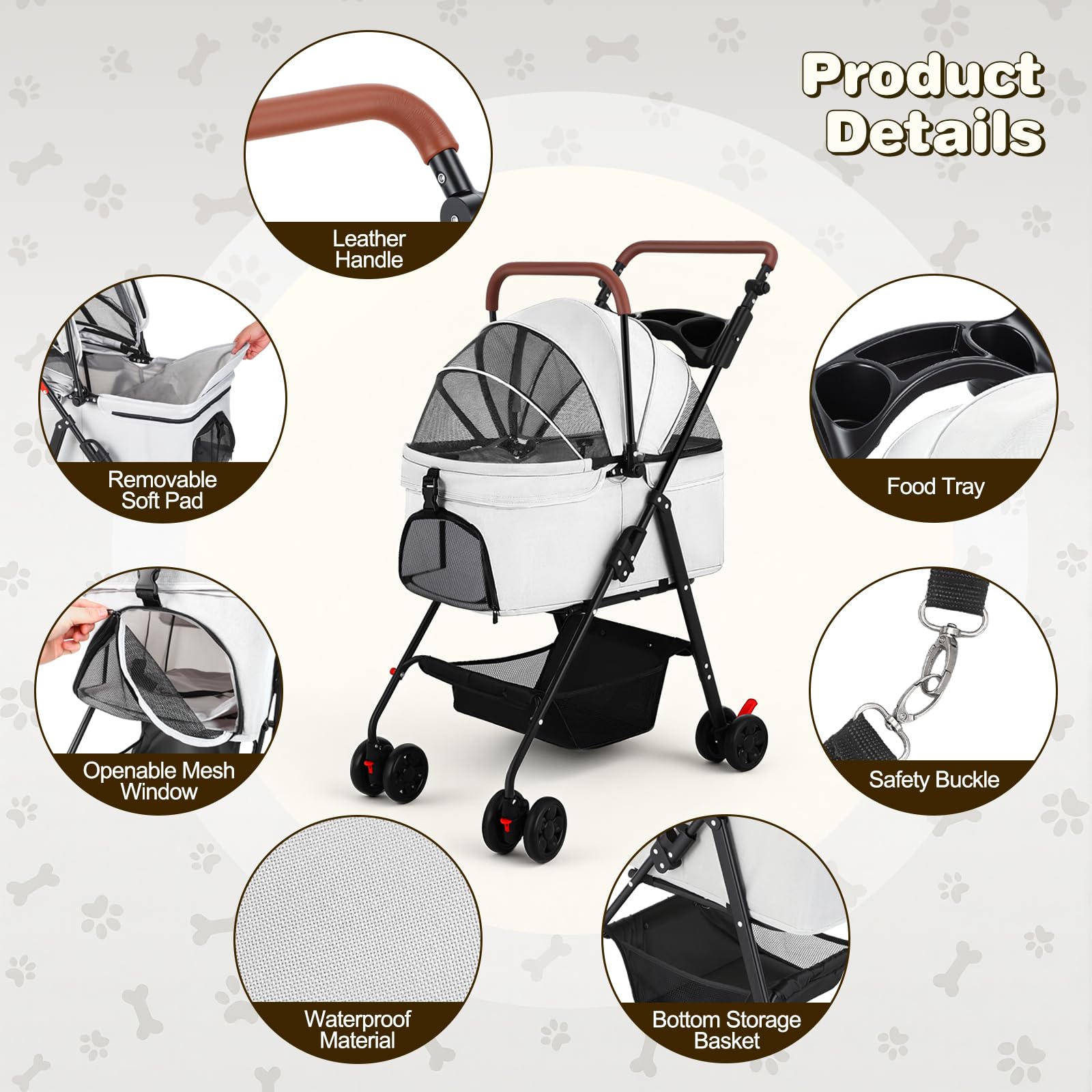 Poussette 3 en 1, pour chiens de taille moyenne, pliable, jusqu'à 20 kg, avec espace de rangement, siège auto amovible et compartiment alimentaire