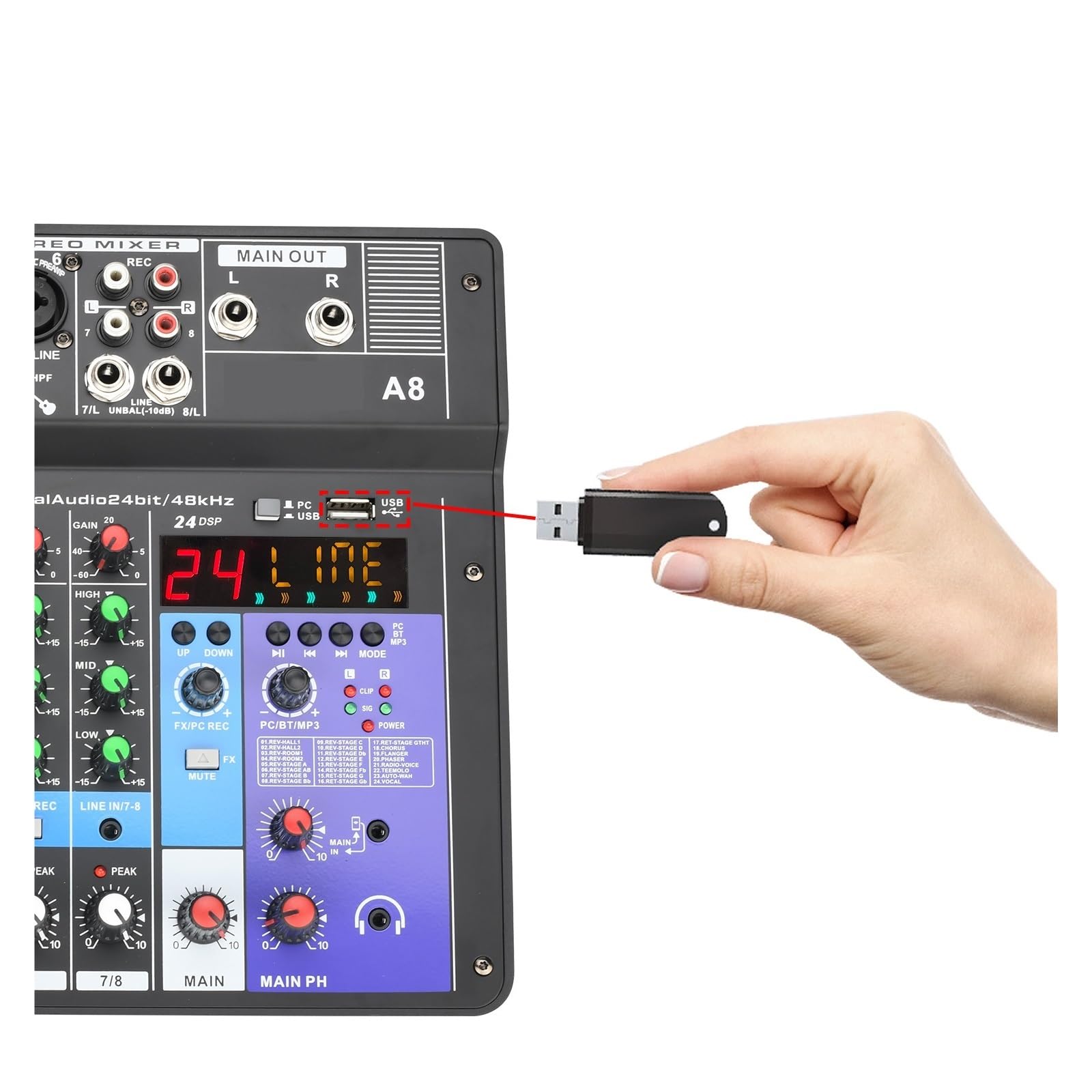 8-kanałowy Stół Do Miksowania Dźwięku DJ 24 Efekt DSP Mikser Audio PC USB Odtwarzanie Nagrywania 48V Kontroler Konsola Miksująca A8