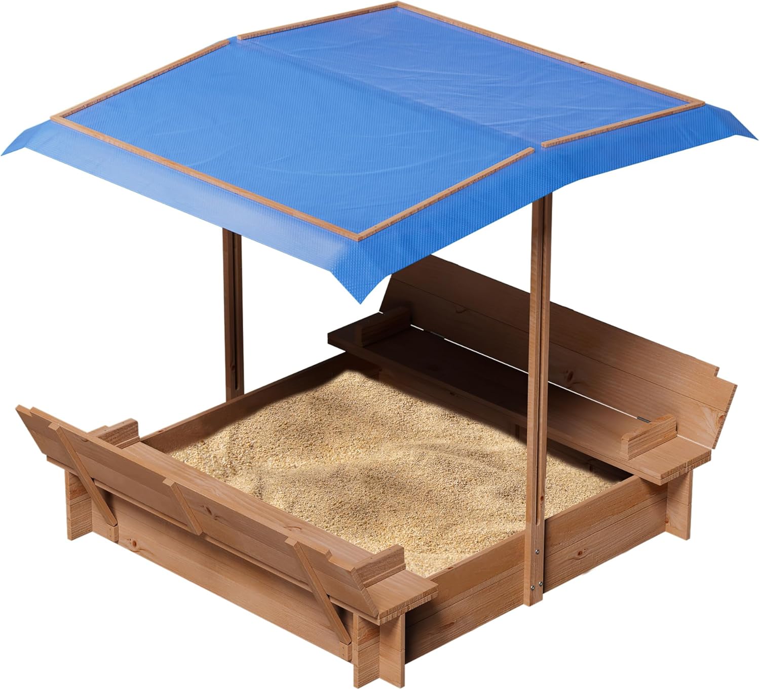 Kids Sandbox with Cover and Height Adjustable Roof, Sandbox with Lid & 2 Foldable Bench Seats, Kids Wooden Sand Box with Canopy