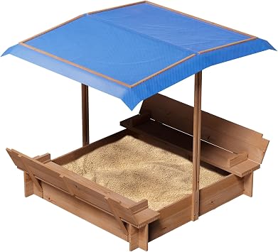 Kids Sandbox with Cover and Height Adjustable Roof, Sandbox with Lid & 2 Foldable Bench Seats, Kids Wooden Sand Box with Canopy