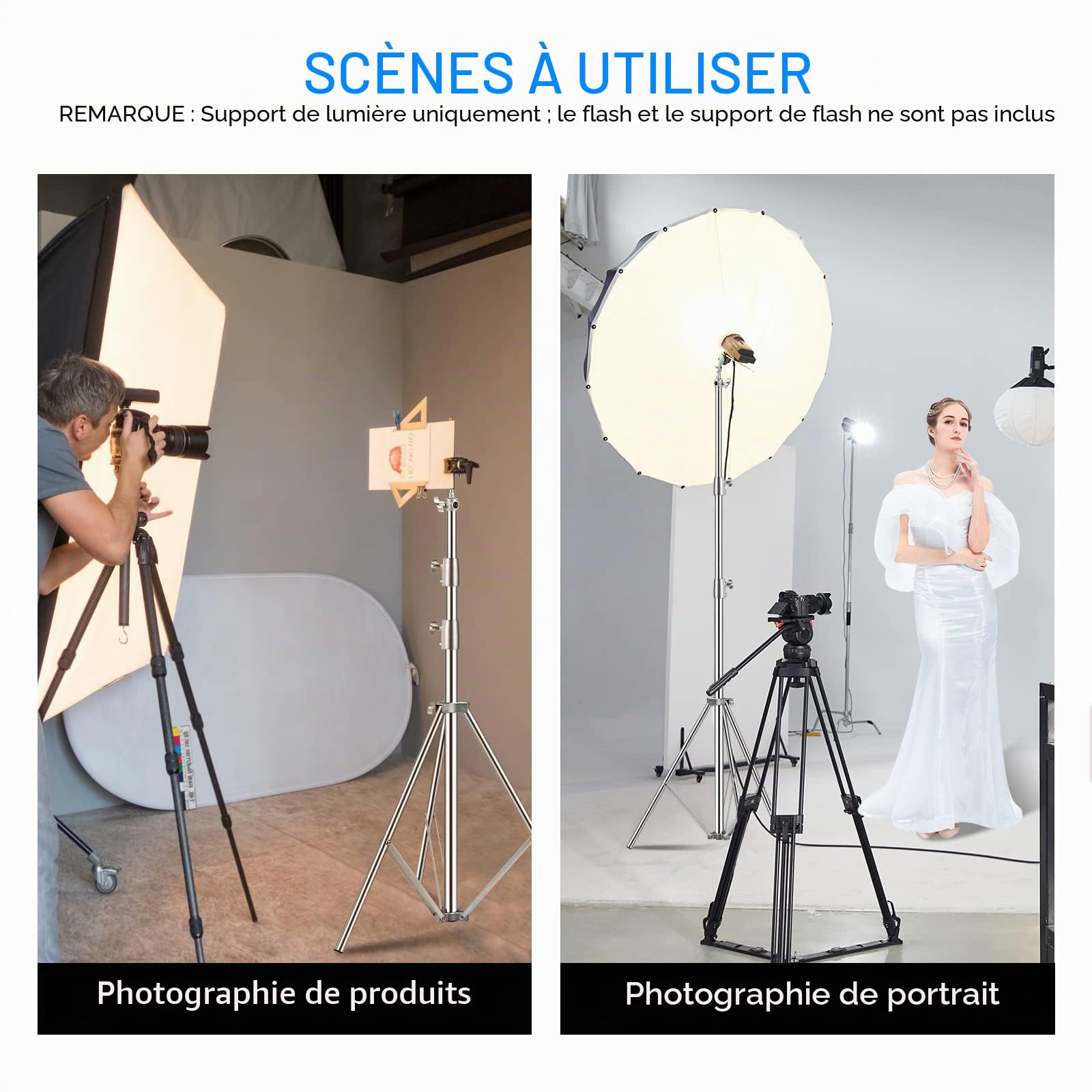 2,8 m Pied D'éclairage en Acier Inoxydable Support Eclairage Photographie avec Adaptateur Universel 1/4" vers 3/8" Trépieds pour Studio Photo Softbox Lumière Réflecteur Photographie Portrait Vidéo