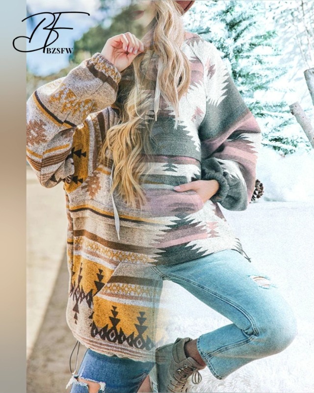 BZSFW Women Aztec Print Pattern Western Ethnic Half Zip Long