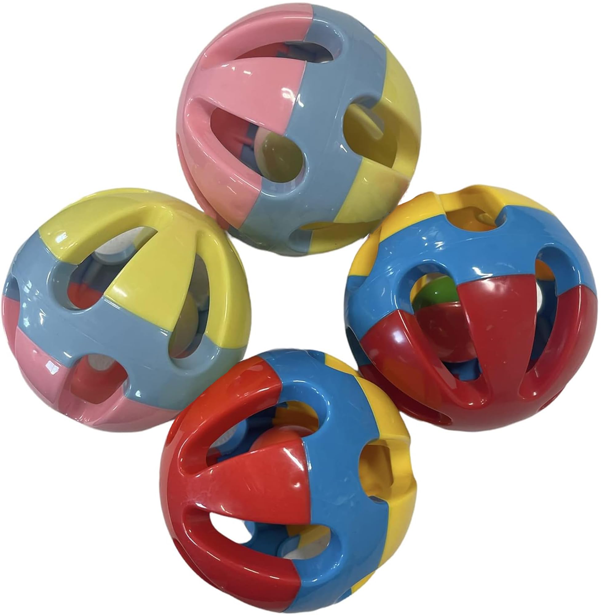 Pet Rattle Balls 4 Pack for Dogs, Pigs, Rabbits, or Other Small Pets - Interactive Chew Toy for Fetch or Treat Dispensing (Red Blue Yellow & Pink Blue