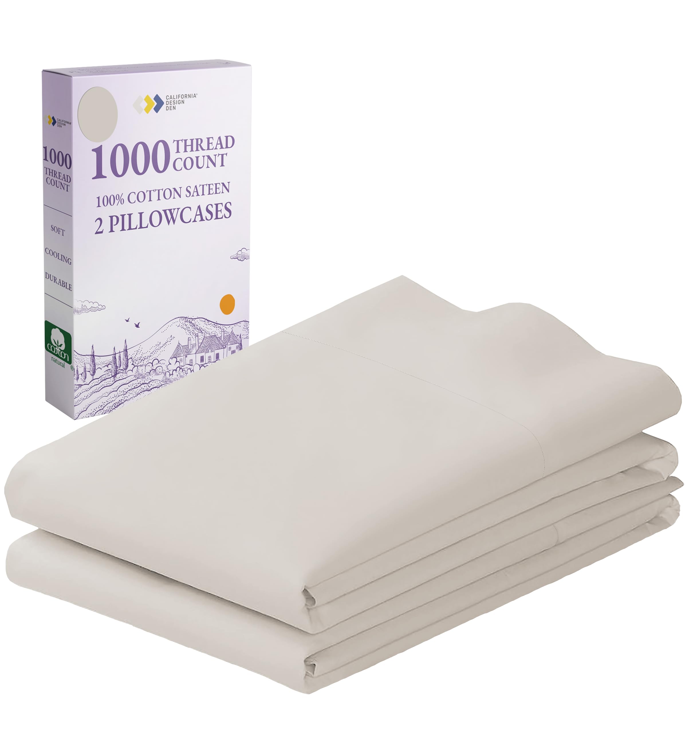 California Design Den Pillow Cases King Size Set of 2 - Luxury 1000 Thread Count Sateen, Soft and Thick 100% Cotton King Pillowcases, Breathable and Durable, Hotel Quality - Sand Beige