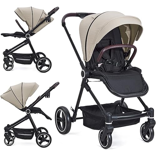 Baby Stroller, High Landscape Pushchair with Reversible Seat, One-Hand Fold and Cup Holder, 4 Modes Convertible Toddler Stroller with Storage Basket, Adjustable Footrest and Canopy, Beige