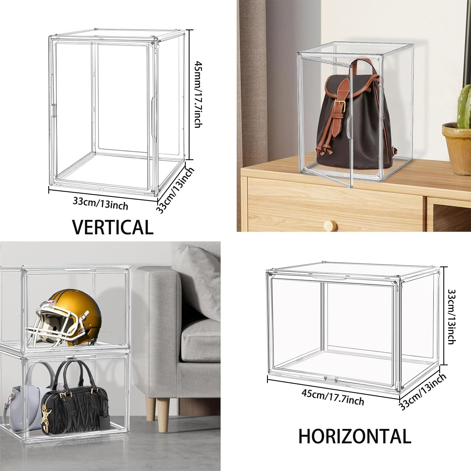 2pcs 45x33x33cm Vitrine en Transparent avec Boîte de Rangement Empilable | Madehay Vitrine Porte Magnétique pour Casque Modèle de Voiture Figurines d'action Objets de Collection, DIY