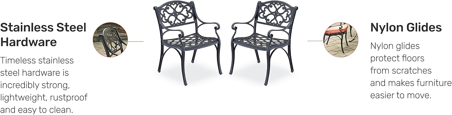 Homestyles Sanibel Black Stationary Cast Aluminum Outdoor Dining Chair, 2 Piece Patio Chairs, Set of 2 Garden Chairs with Armrest & Backrest for Garden Patio Pool Beach Yard, Black