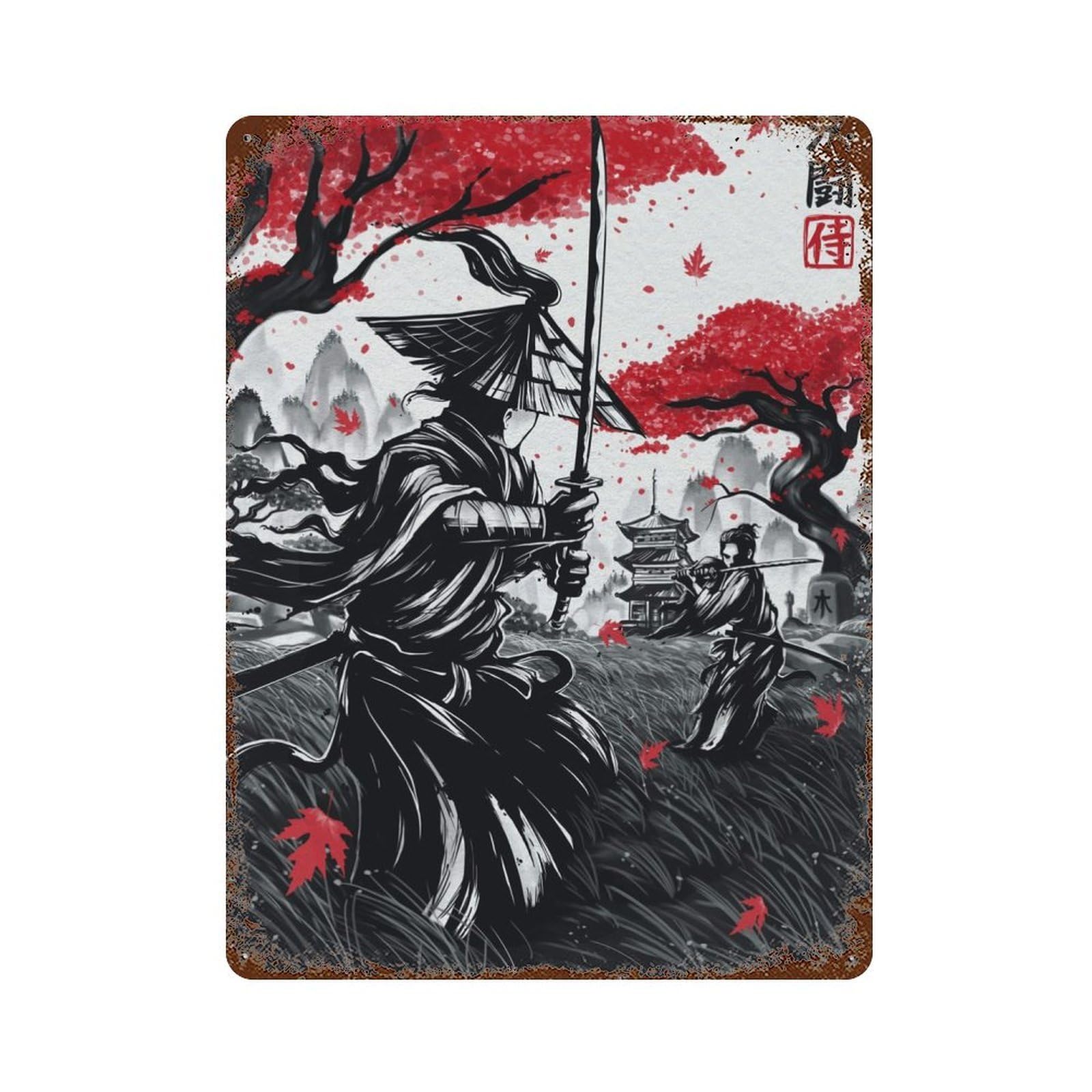 Aged Metal Wall Plaque with Japanese Duel Ink Wash Design 15.7"x11.8", for Farmhouse, Kitchen And Entryway Decor, Retro Wall Decor