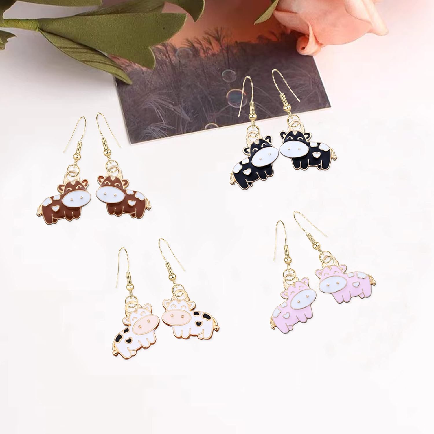 4 Pairs Cow Farm Pet Dangle Hook Earrings Cute Golden Cow Animal Drop Earrings for Women Birthday Friendship Party Accessories Jewelry Gift Set - Image 6