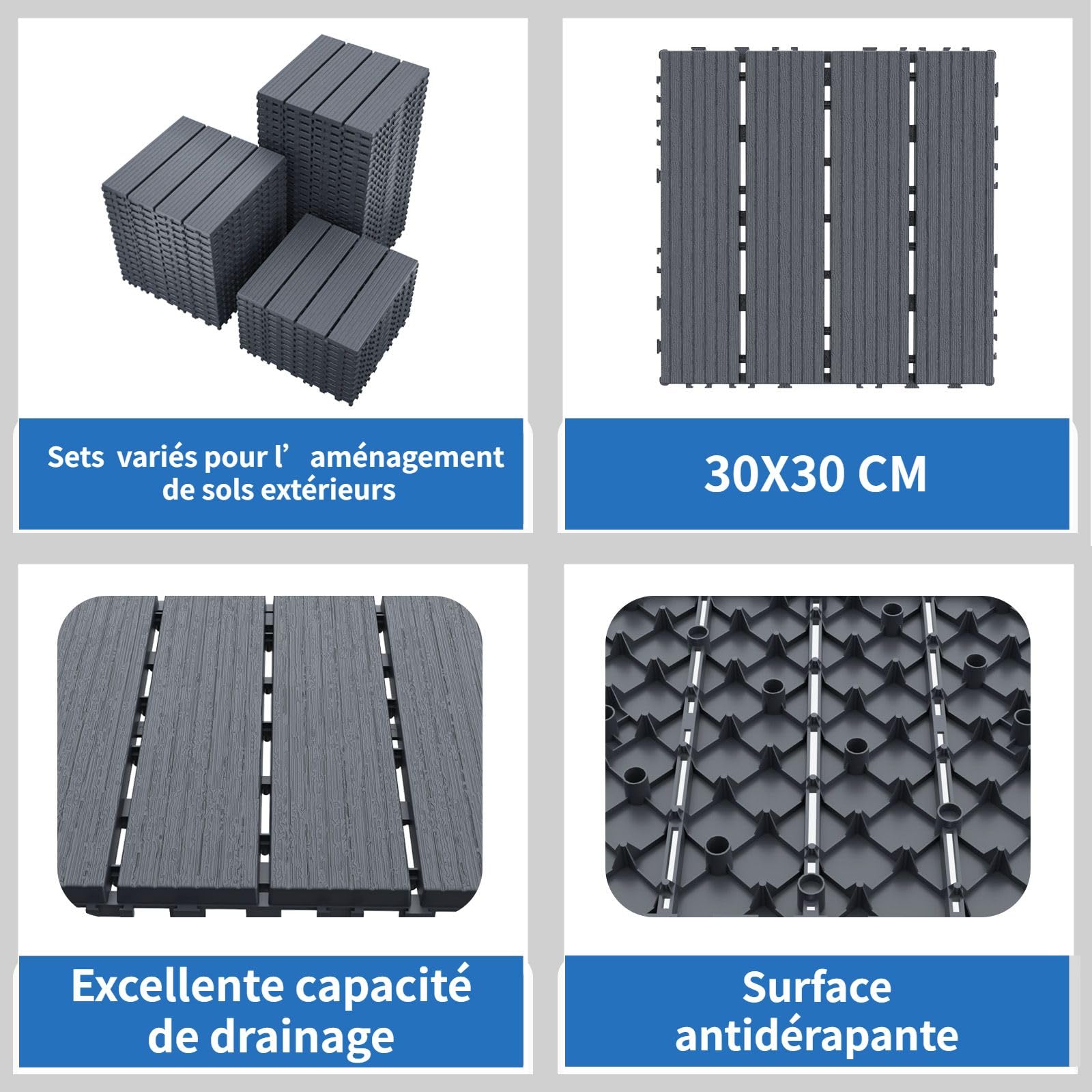 54 pièces Dalles de Terrasse Extérieure Clipsables(30x30cm),Dalles Clipsables Exterieur,Caillebotis Plastique Antidérapant à Drainage Rapide pour Jardin,Piscine,Balcon (54-gris foncé-30x30 cm,TW)