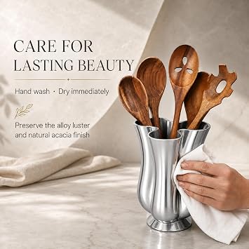 nambe Tulip Tool Jug with 5 Piece Kitchen Tool Set | Utensil Holder for Countertop with Assorted Kitchen Utensils | Made from Nambe Alloy and Acacia Wood